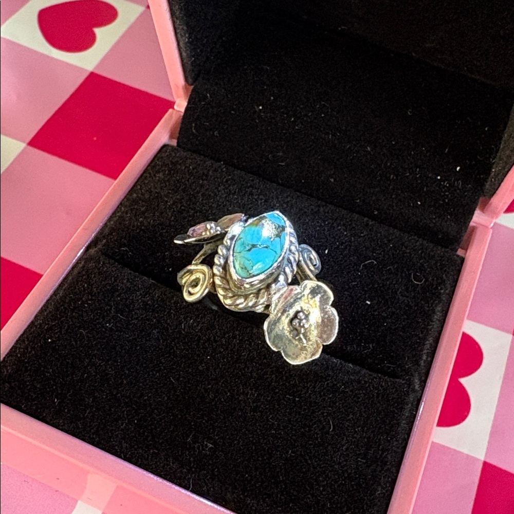 Sterling Silver and Bronzed Turquoise Stone Flower Ring sz 7 - Picture 4 of 5